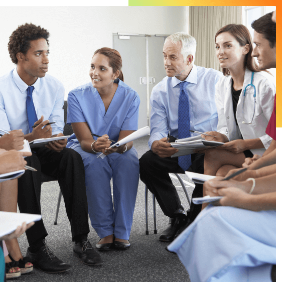 Doctors and nurses in a meeting.
